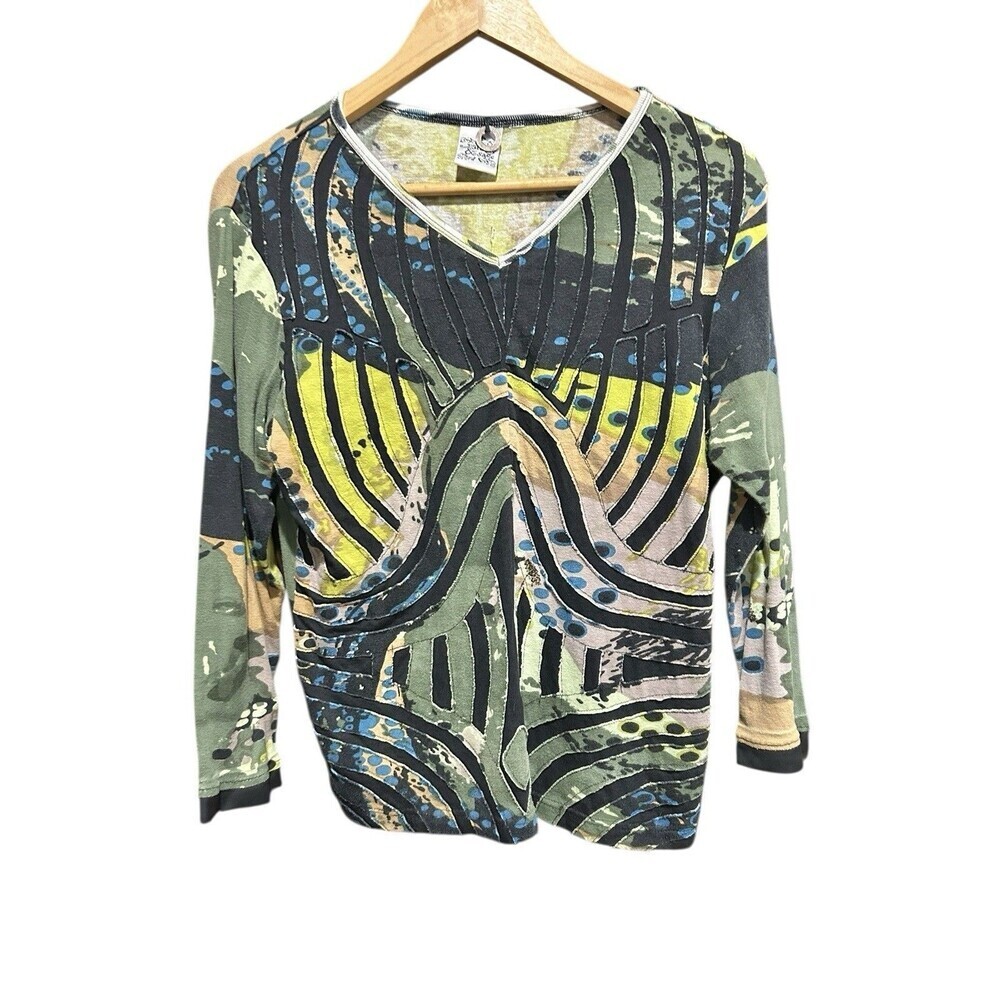Paisley & Sage 90s Y2K Top Size Medium Green 3/4th Sleeves Stripes Hippie Blous